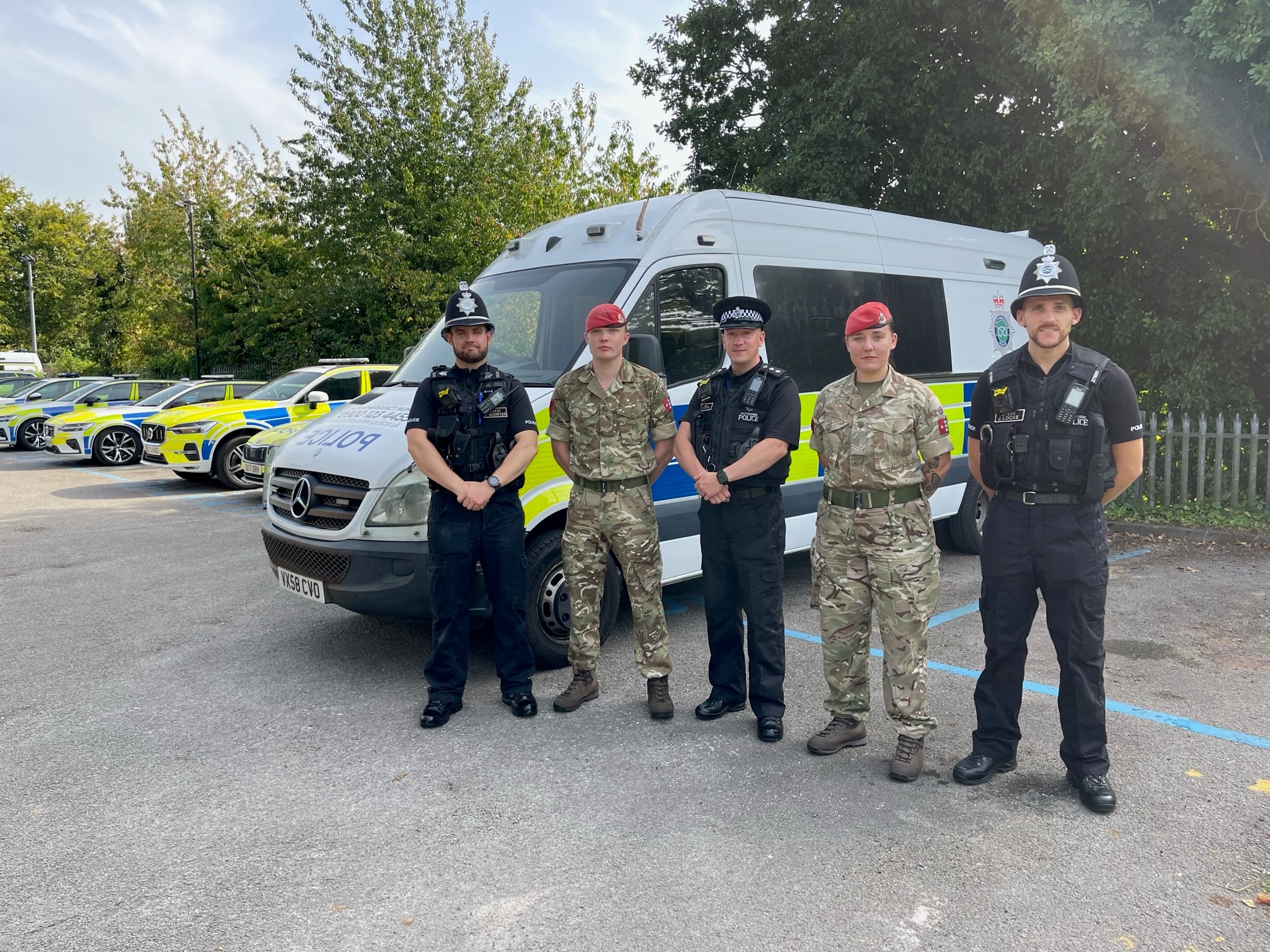 Chief Inspector Chris Cotton (middle) alongside local policing officers and Cpl Butlin and Cpl Knapper in Codsall