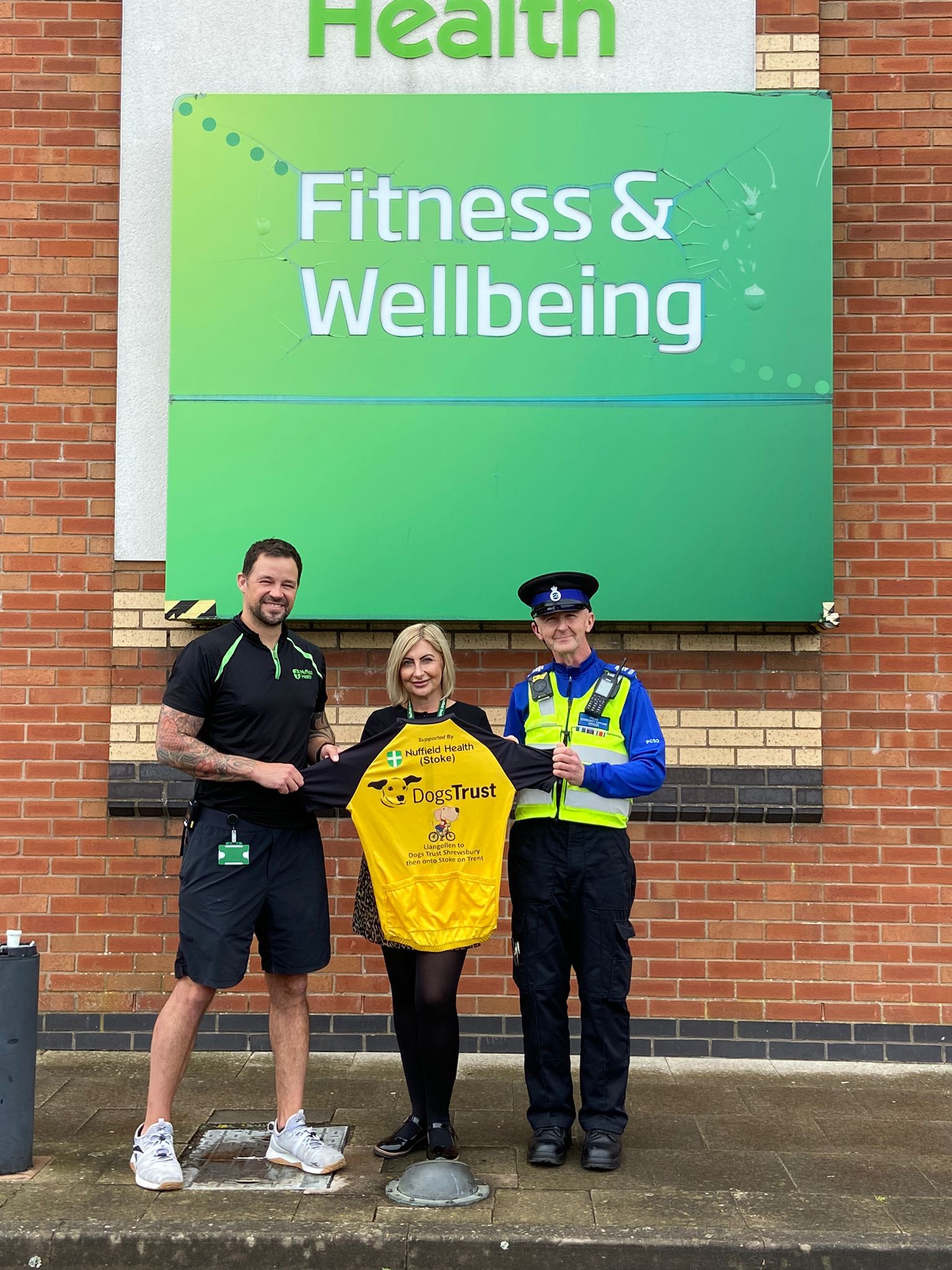 PCSO Stephen Sherratt with his personal trainer, Steve Barnett, and Nuffield Health Duty Manager Georgina Wain.